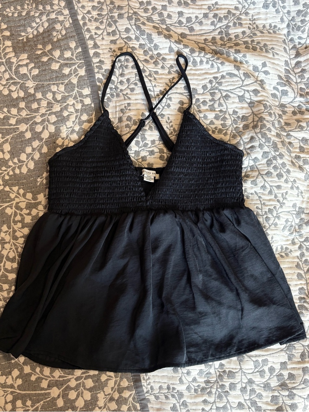 American Eagle Outfitters Black Smocked V-Neck Camisole with Crisscross Straps